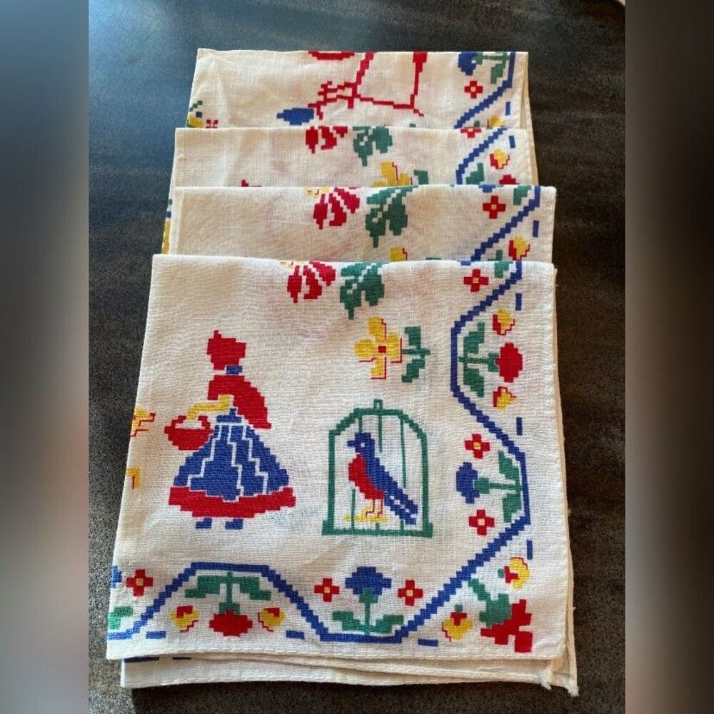 Lot Of 4 Vintage Napkins Linen Print Art Scandinavian Retro